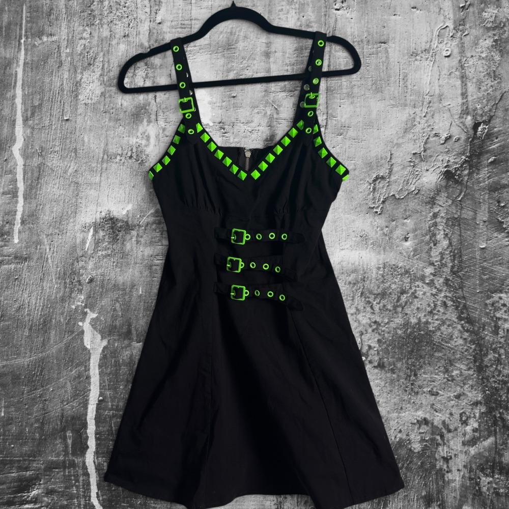 Dolls Kill The Grave Girls Sold Out Black Neon Green Studded Goth Mini Dress L - Picture 2 of 9